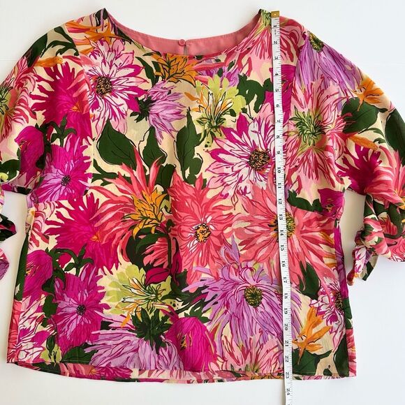 Weekend Max Mara Vorra Silk Top in Fuxia Pink Floral Print w/ Tie Sleeves Size 6 - Picture 9 of 12